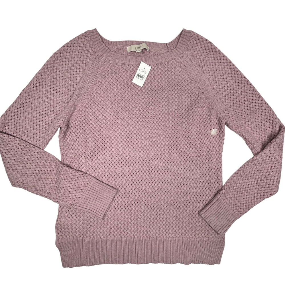 LOFT Weave Knit Pullover Sweater Mauve Women's Large Round Neck Ribbed Trim NWT